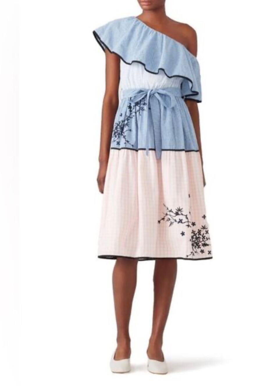 HEMANT & NANDITA Melantha Gingham Embroidered Midi Dress Blue Pink M